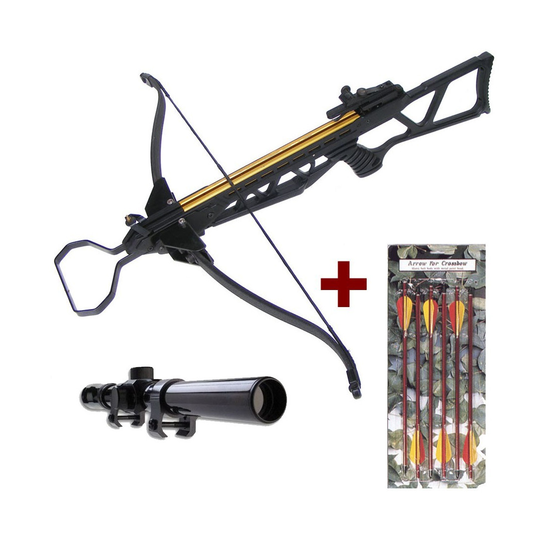 Pack Arbalète Noire Pliable 180 lbs + 6 flèches + lunette 4x20 + corde